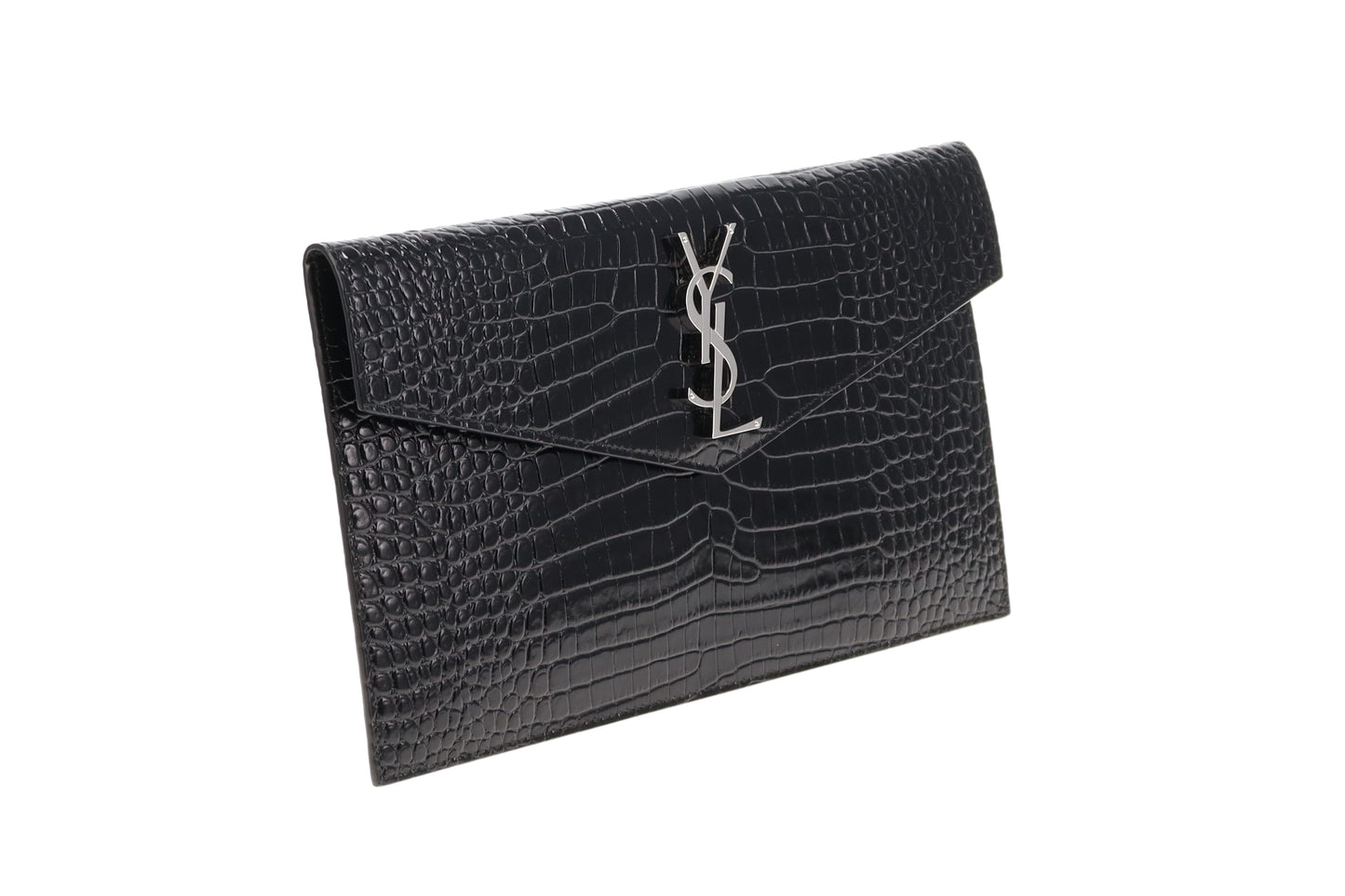 Saint Laurent Shiny Croc Embossed Leather SHW Uptown Pouch