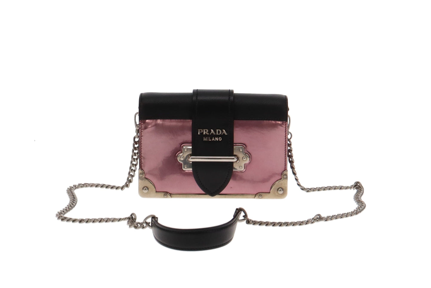 Prada Metallic Pink and Black Saffiano Cahier Chain Shoulder Bag