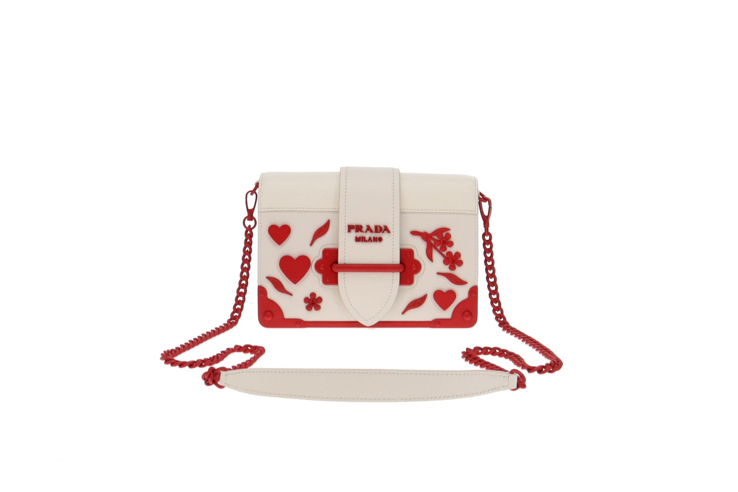 Prada Bianco and Fuoco City Calf and Saffiano Flower and Heart Studded Cahier