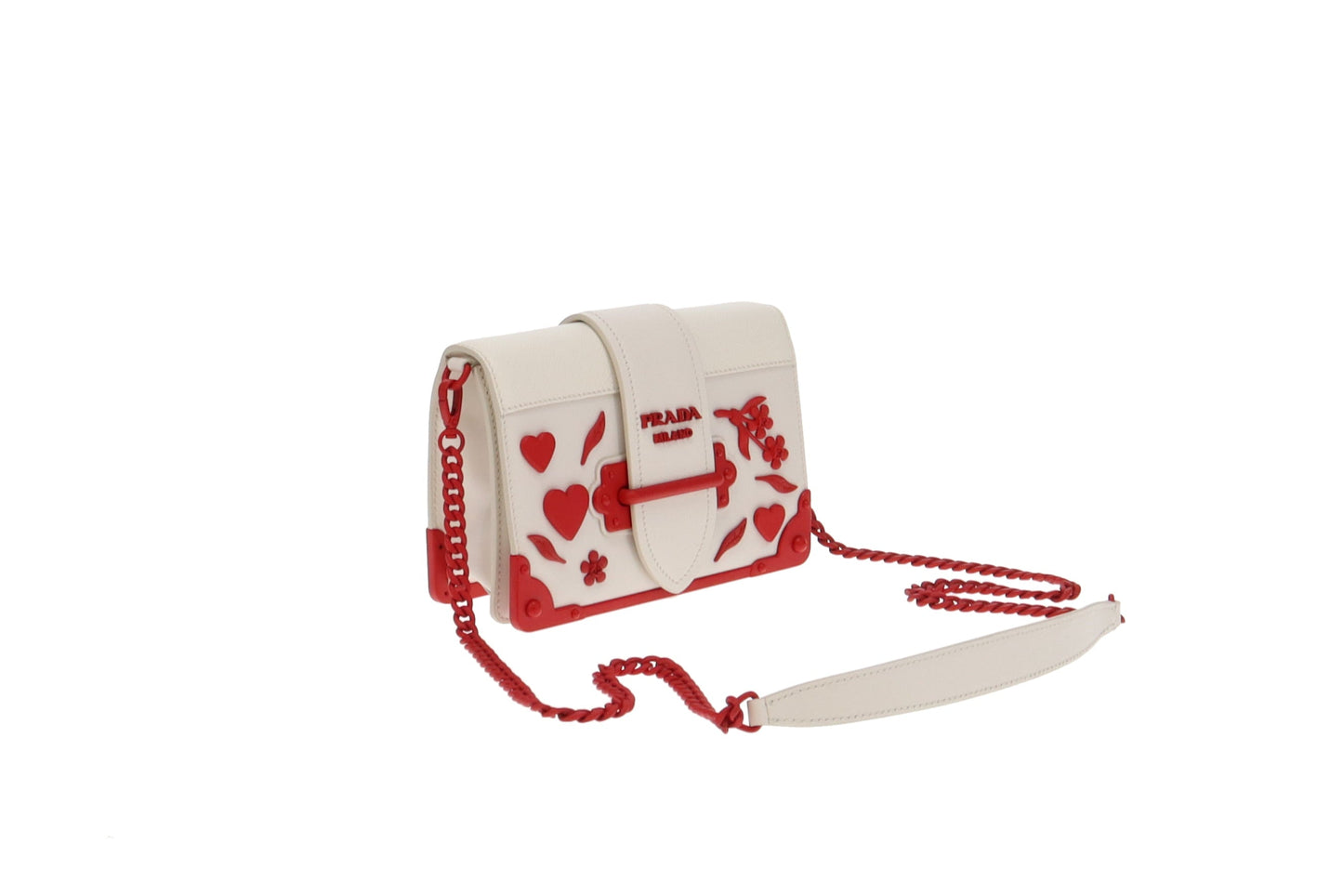 Prada Bianco and Fuoco City Calf and Saffiano Flower and Heart Studded Cahier