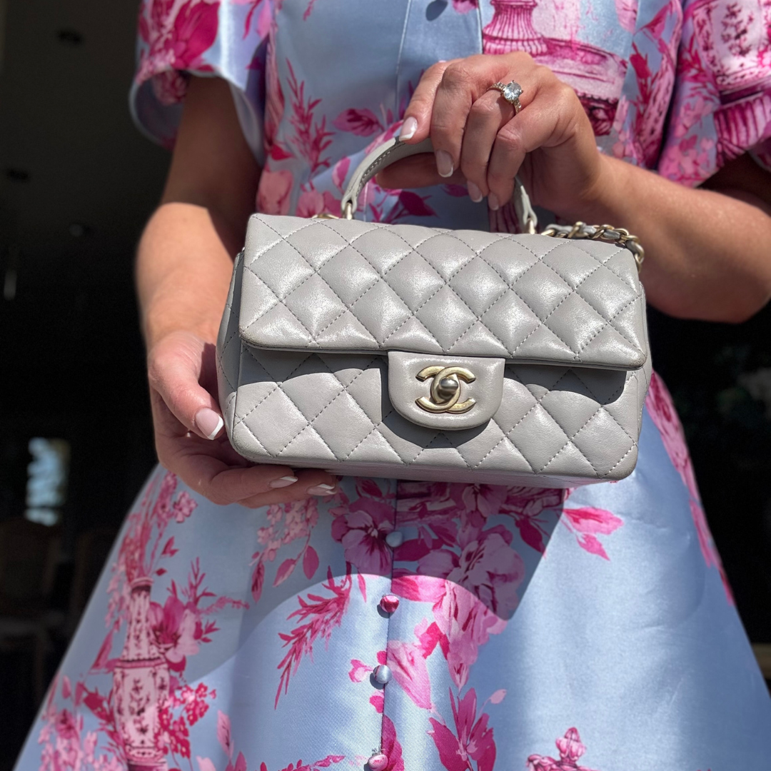 Chanel Grey Lambskin Mini Rectangle with Top Handle