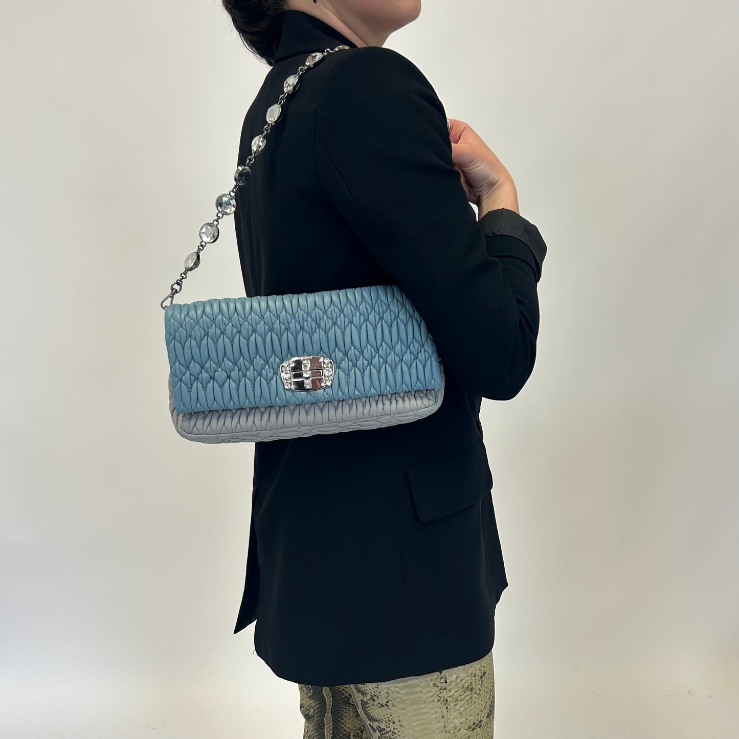 Miu Miu Iconic Crystal Cloqué Nappa Blue Leather SH (Missing Woven Strap)