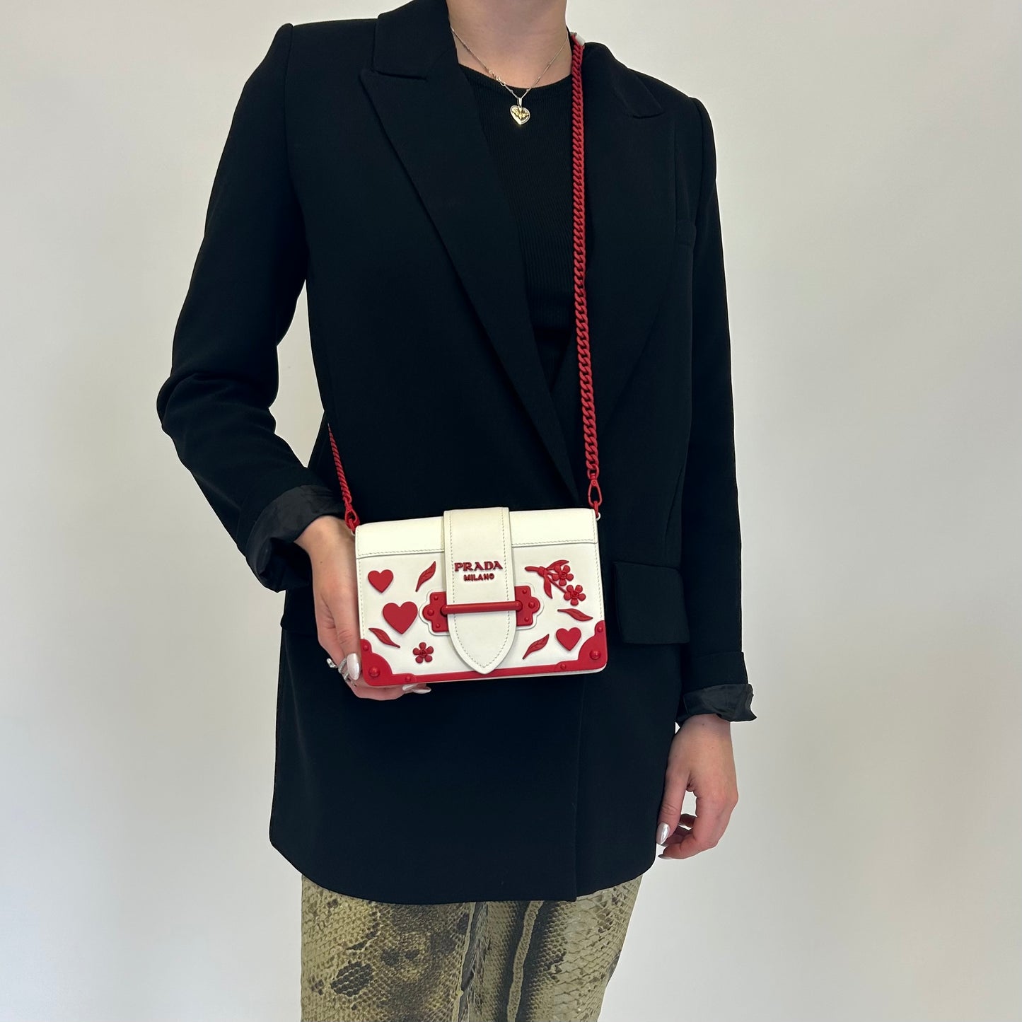 Prada Bianco and Fuoco City Calf and Saffiano Flower and Heart Studded Cahier