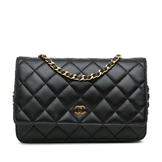 Chanel Classic Black CC Quilted Lambskin Wallet On Chain